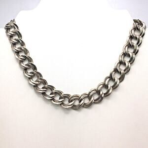 Vintage Silver Tone Double Curb Link Chain Style Choker Necklace Fold Over Clasp